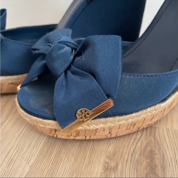 Pre Owned Tory Burch Navy Blue Bow Espadrille Wedge Sandals Sz 9 - Picture 4 of 8